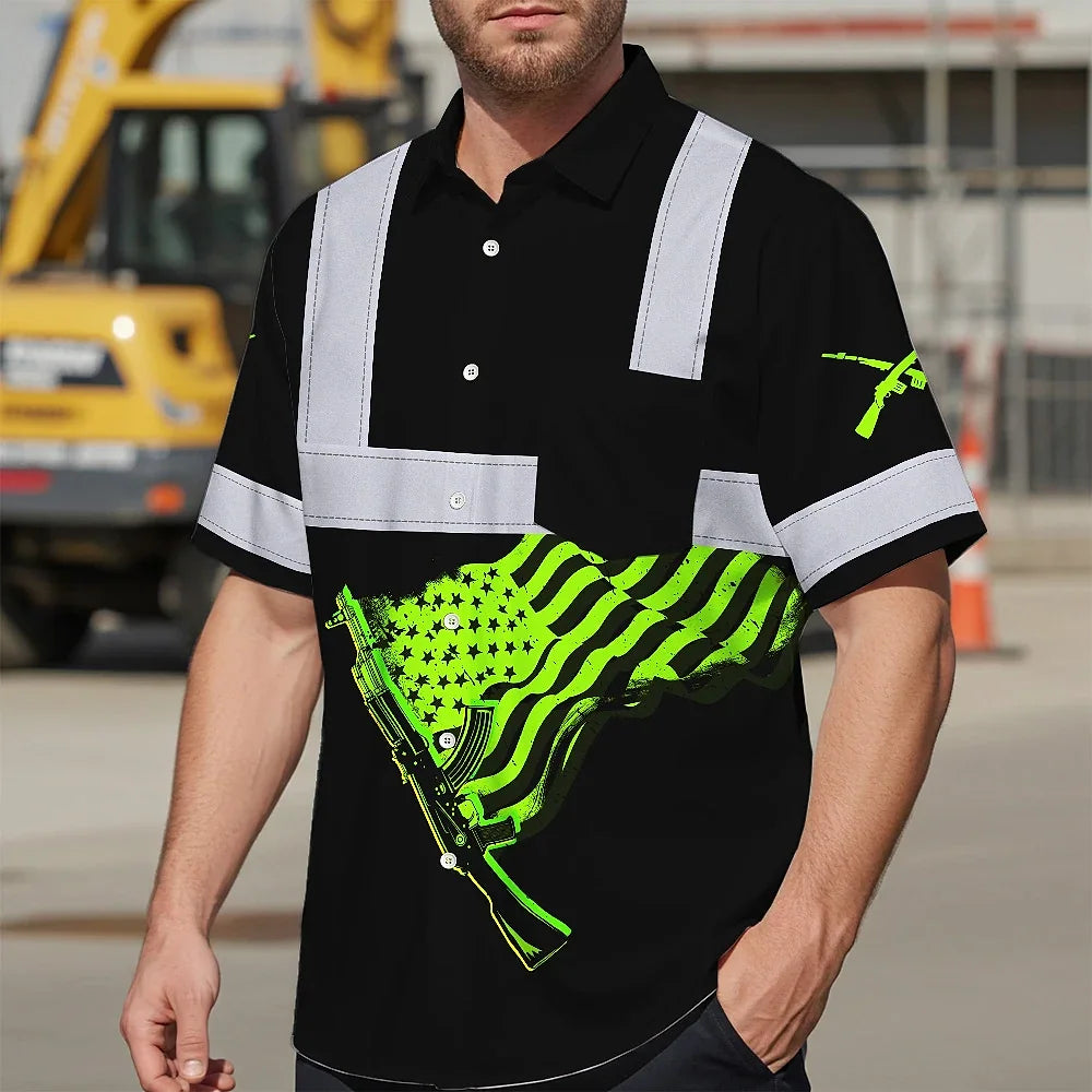 Hi Vis Hawaiian Shirt Reflective Tapes Black Green Neon Gun US Flag