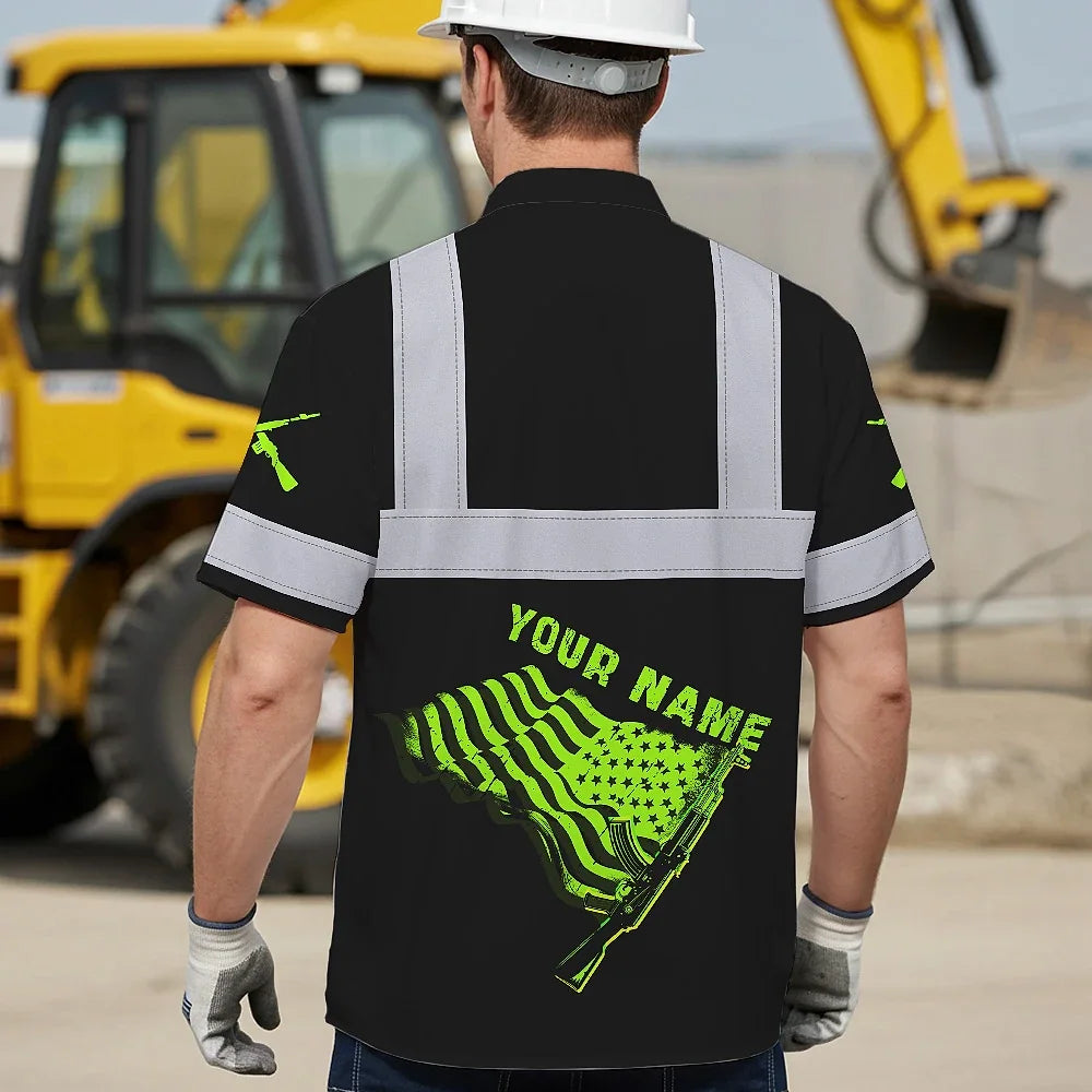 Hi Vis Hawaiian Shirt Reflective Tapes Black Green Neon Gun US Flag