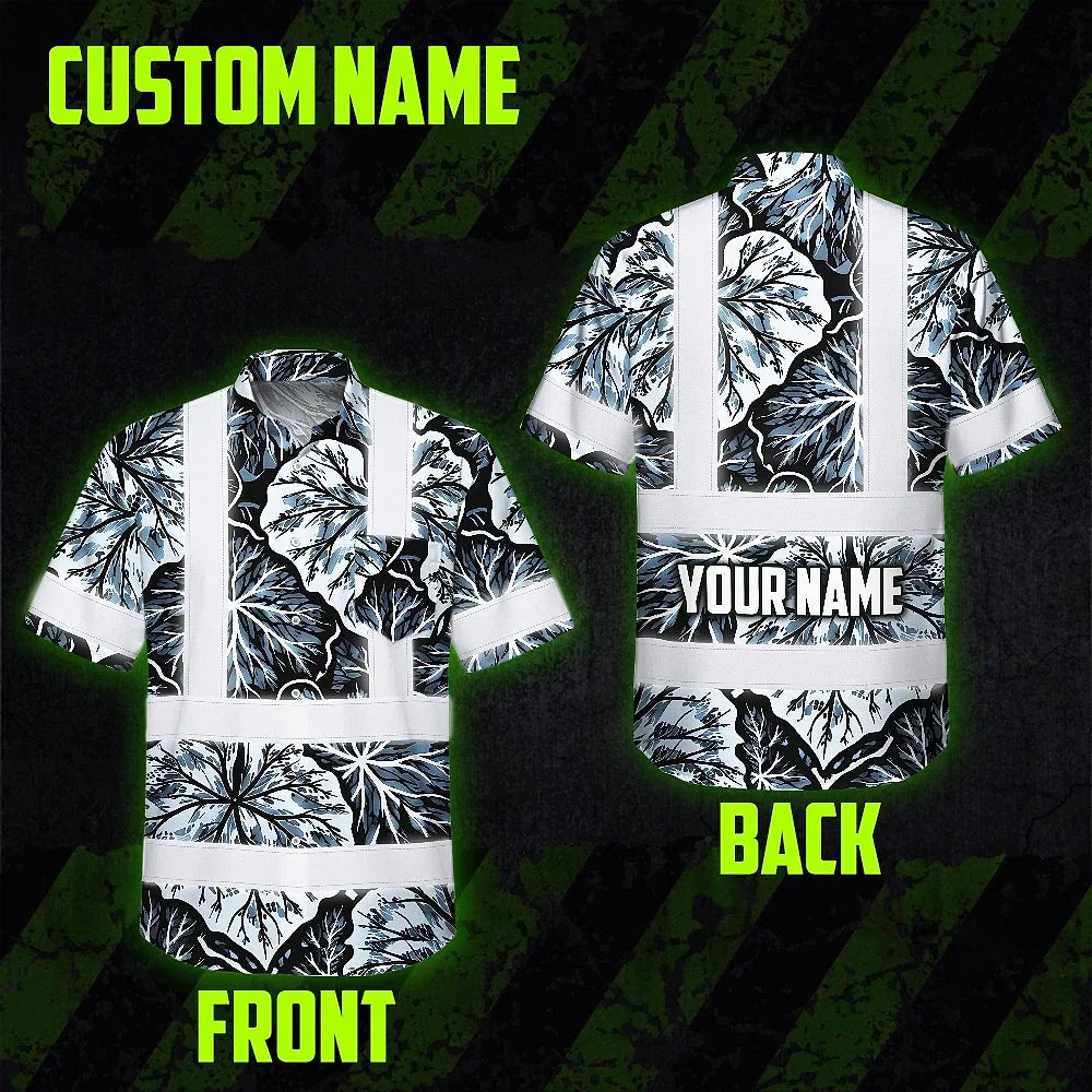 Hi Vis Hawaiian Shirt Reflective Tapes Black Grey Flowers Custom Name Safety Workwear For Workers, Truckers, Operators