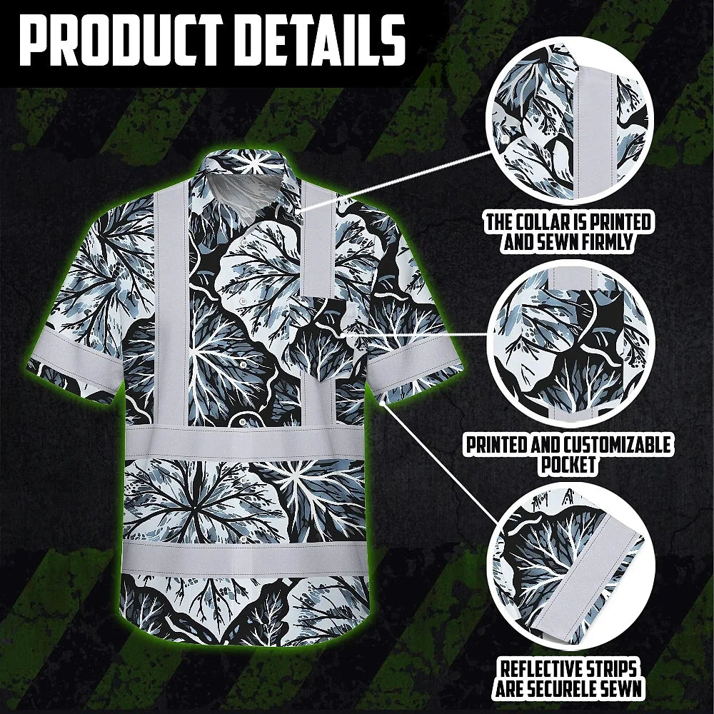 Hi Vis Hawaiian Shirt Reflective Tapes Black Grey Flowers Custom Name Safety Workwear For Workers, Truckers, Operators