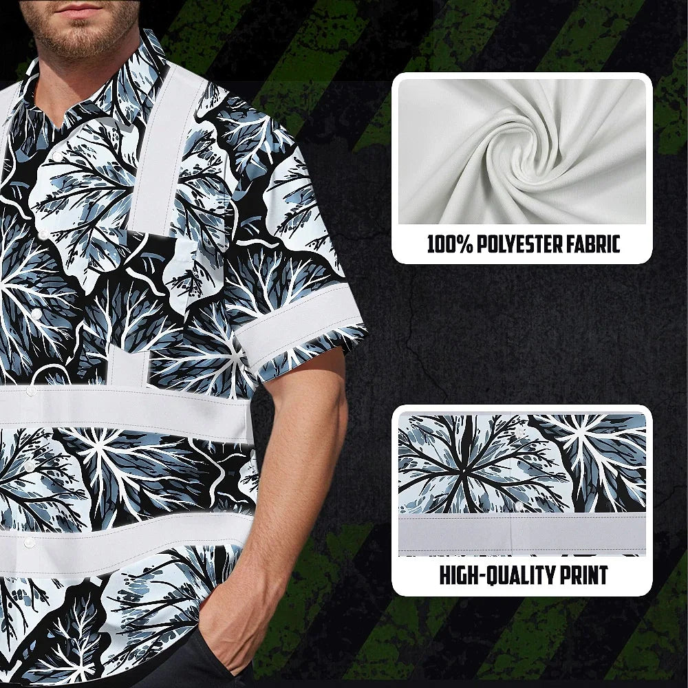 Hi Vis Hawaiian Shirt Reflective Tapes Black Grey Flowers Custom Name Safety Workwear For Workers, Truckers, Operators