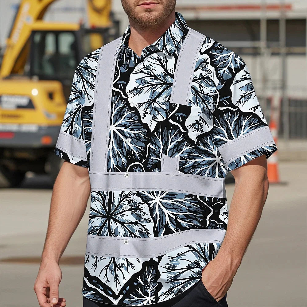 Hi Vis Hawaiian Shirt Reflective Tapes Black Grey Flowers Custom Name Safety Workwear For Workers, Truckers, Operators
