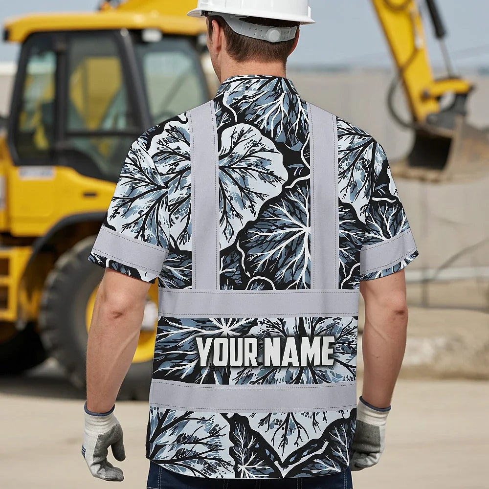 Hi Vis Hawaiian Shirt Reflective Tapes Black Grey Flowers Custom Name Safety Workwear For Workers, Truckers, Operators