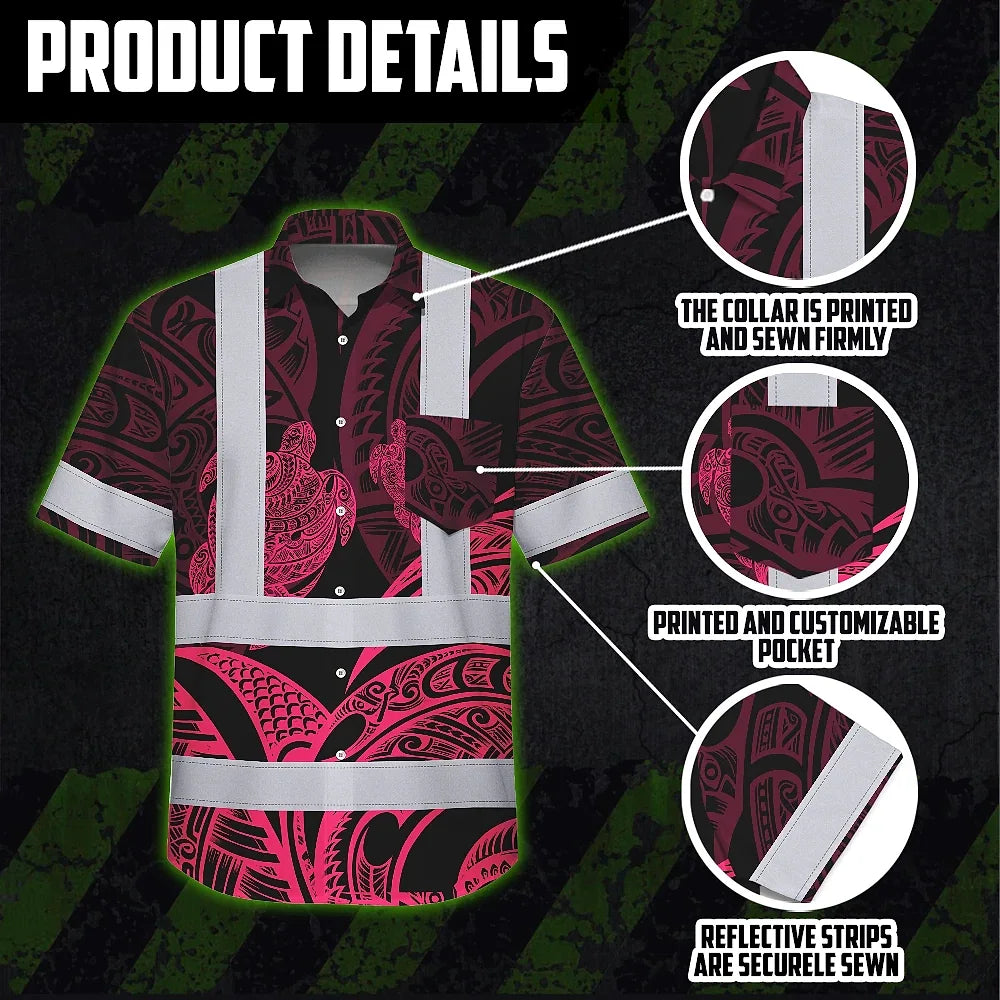 Hi Vis Hawaiian Shirt Reflective Tapes Black Light Pink Polynesian Custom Name Safety Workwear For Workers, Truckers, Operators