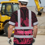 Hi Vis Hawaiian Shirt Reflective Tapes Black Light Pink Polynesian Custom Name Safety Workwear For Workers, Truckers, Operators