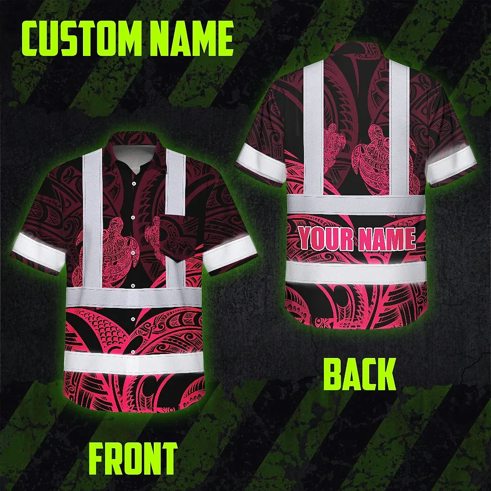 Hi Vis Hawaiian Shirt Reflective Tapes Black Light Pink Polynesian Custom Name Safety Workwear For Workers, Truckers, Operators