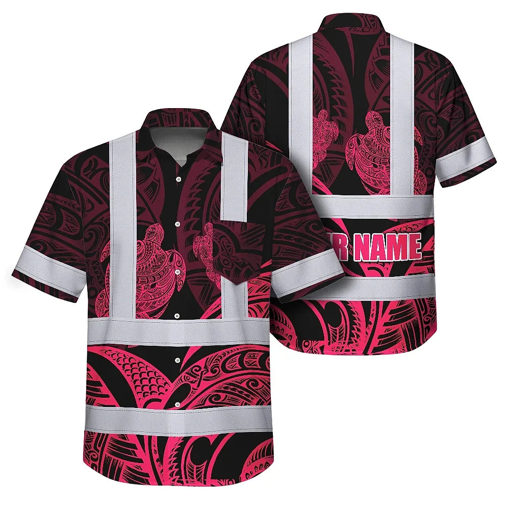 Hi Vis Hawaiian Shirt Reflective Tapes Black Light Pink Polynesian Custom Name Safety Workwear For Workers, Truckers, Operators