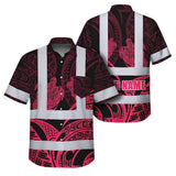 Hi Vis Hawaiian Shirt Reflective Tapes Black Light Pink Polynesian Custom Name Safety Workwear For Workers, Truckers, Operators