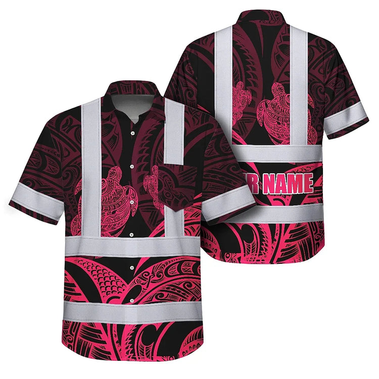 Black Light Pink Polynesian Hi-Vis Hawaiian Shirt