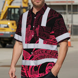 Hi Vis Hawaiian Shirt Reflective Tapes Black Light Pink Polynesian Custom Name Safety Workwear For Workers, Truckers, Operators