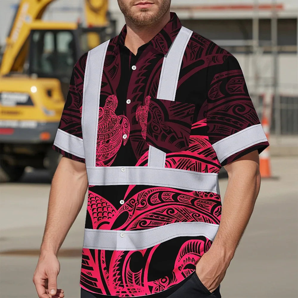 Hi Vis Hawaiian Shirt Reflective Tapes Black Light Pink Polynesian Custom Name Safety Workwear For Workers, Truckers, Operators