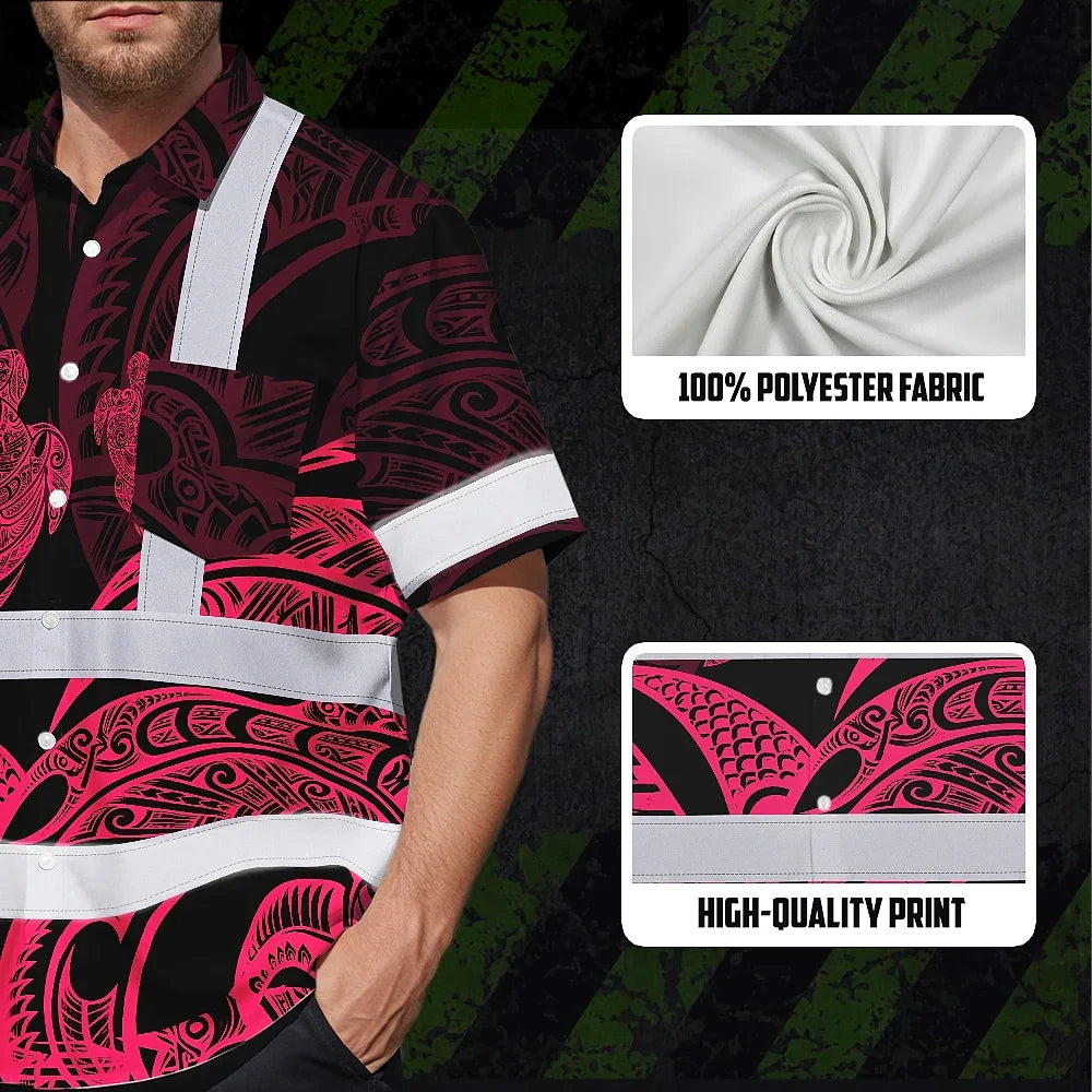 Hi Vis Hawaiian Shirt Reflective Tapes Black Light Pink Polynesian Custom Name Safety Workwear For Workers, Truckers, Operators