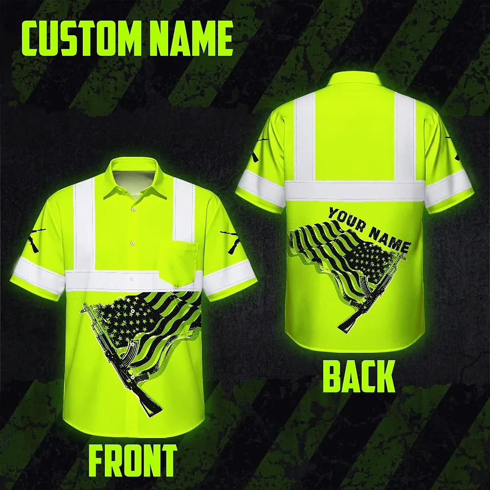 Hi Vis Hawaiian Shirt Reflective Tapes Black Lime Neon Gun US Flag