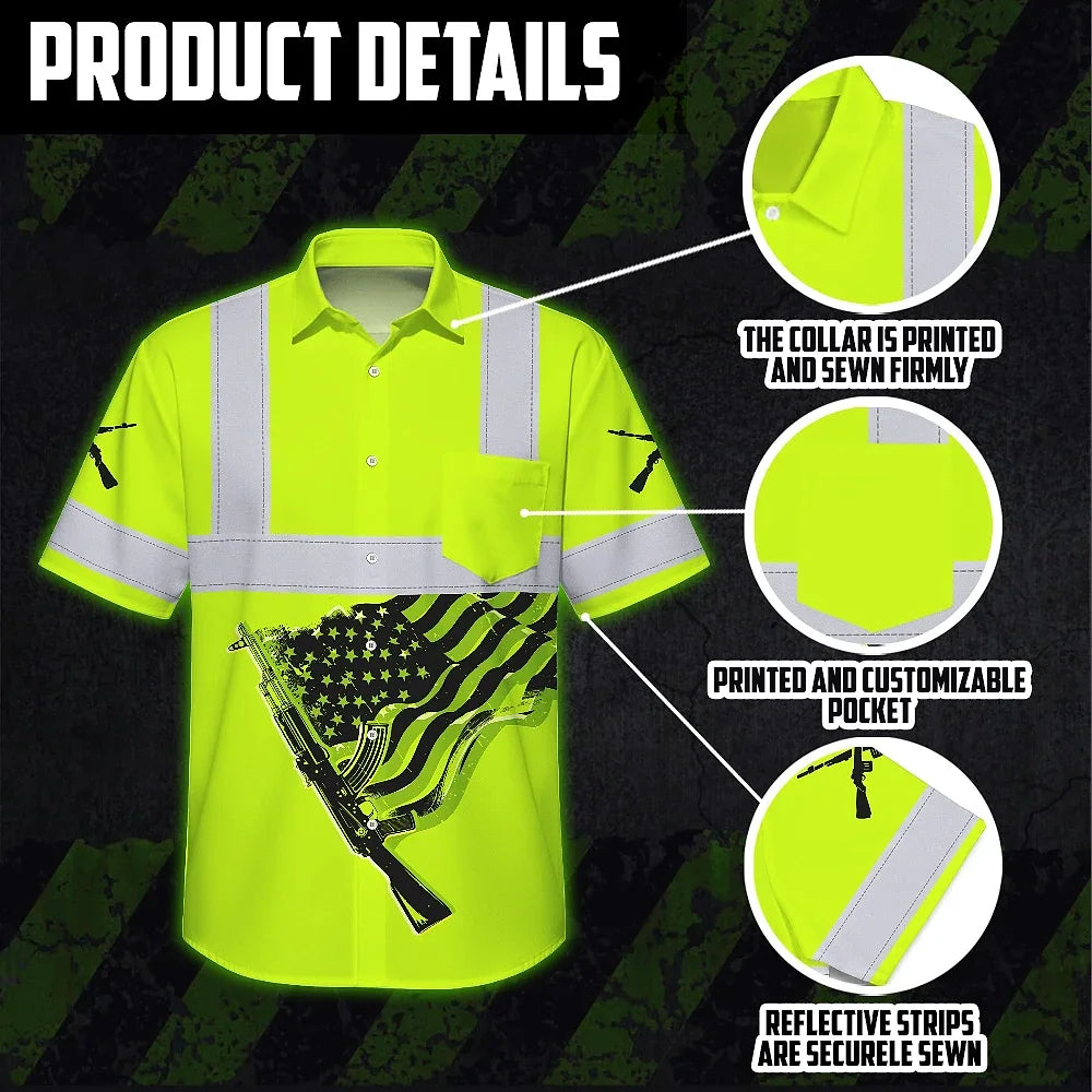 Hi Vis Hawaiian Shirt Reflective Tapes Black Lime Neon Gun US Flag