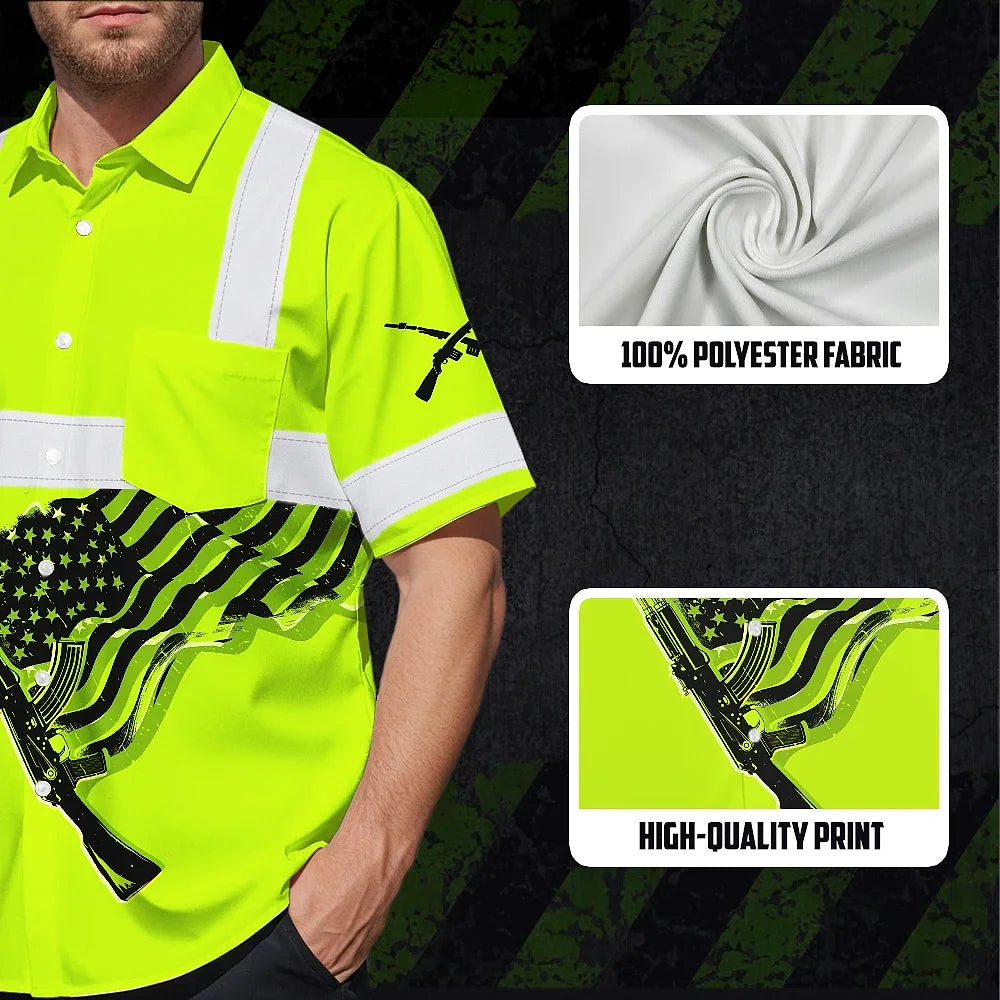 Hi Vis Hawaiian Shirt Reflective Tapes Black Lime Neon Gun US Flag
