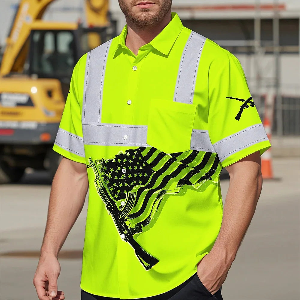 Hi Vis Hawaiian Shirt Reflective Tapes Black Lime Neon Gun US Flag