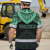 Hi Vis Hawaiian Shirt Reflective Tapes Black Mint Neon Polynesian Tribal Custom Name Safety Workwear For Workers, Truckers, Operators
