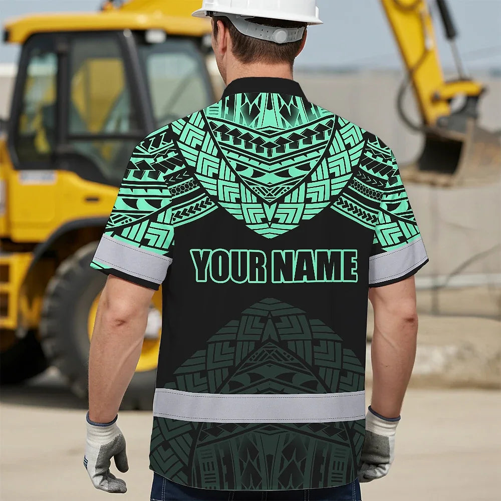 Hi Vis Hawaiian Shirt Reflective Tapes Black Mint Neon Polynesian Tribal Custom Name Safety Workwear For Workers, Truckers, Operators