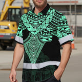 Hi Vis Hawaiian Shirt Reflective Tapes Black Mint Neon Polynesian Tribal Custom Name Safety Workwear For Workers, Truckers, Operators