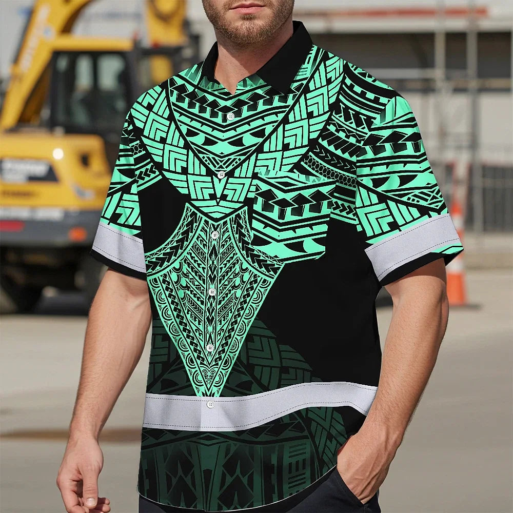 Hi Vis Hawaiian Shirt Reflective Tapes Black Mint Neon Polynesian Tribal Custom Name Safety Workwear For Workers, Truckers, Operators