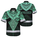 Hi Vis Hawaiian Shirt Reflective Tapes Black Mint Neon Polynesian Tribal Custom Name Safety Workwear For Workers, Truckers, Operators