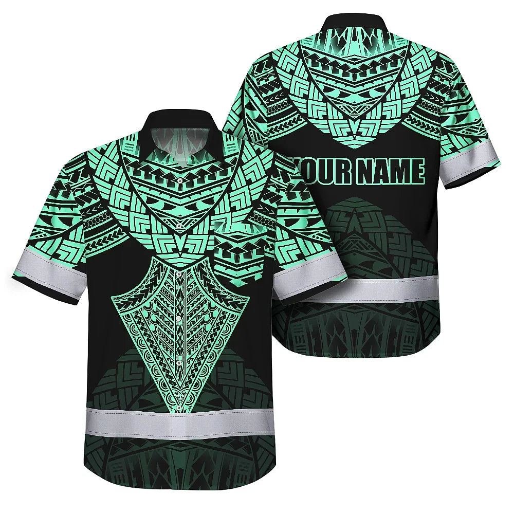 Hi Vis Hawaiian Shirt Reflective Tapes Black Mint Neon Polynesian Tribal Custom Name Safety Workwear For Workers, Truckers, Operators