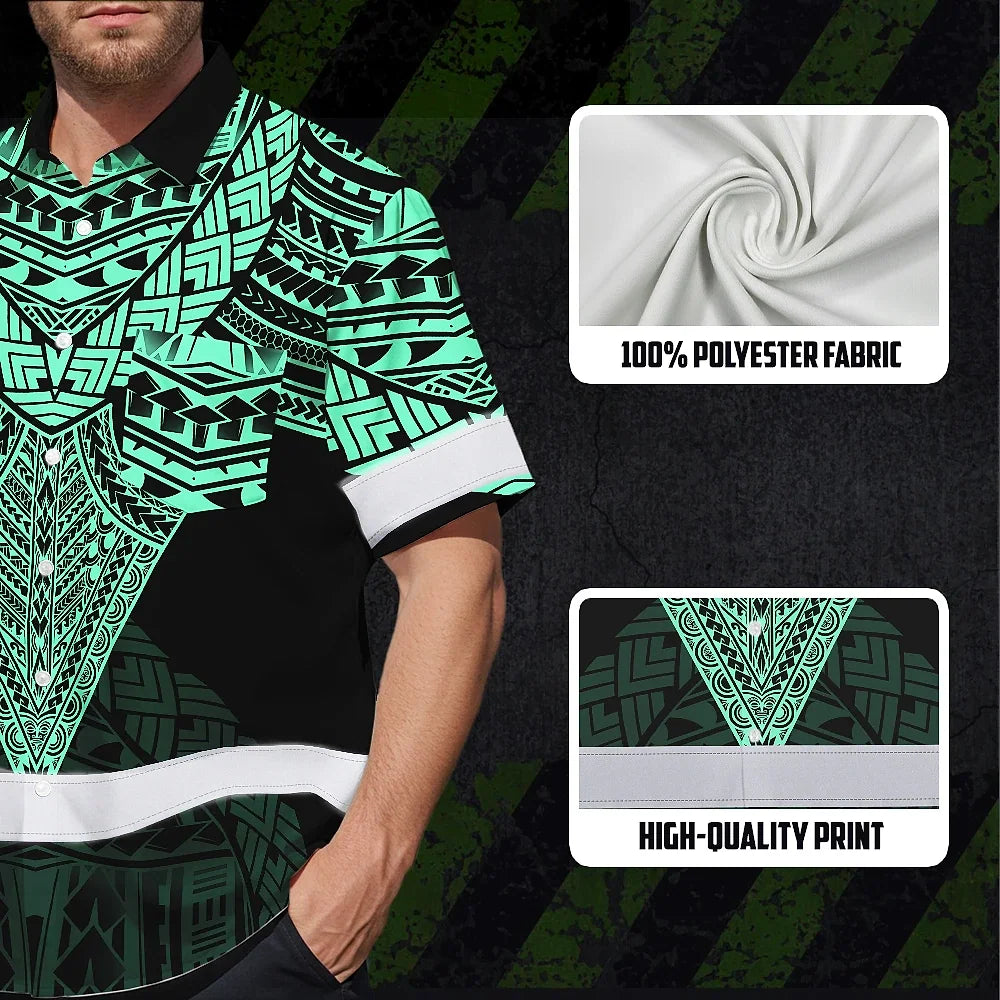 Hi Vis Hawaiian Shirt Reflective Tapes Black Mint Neon Polynesian Tribal Custom Name Safety Workwear For Workers, Truckers, Operators