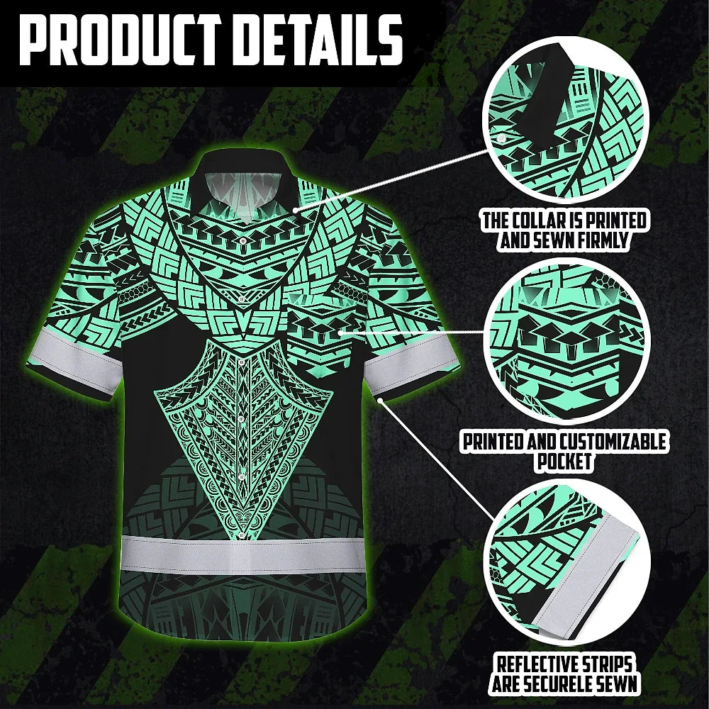 Hi Vis Hawaiian Shirt Reflective Tapes Black Mint Neon Polynesian Tribal Custom Name Safety Workwear For Workers, Truckers, Operators