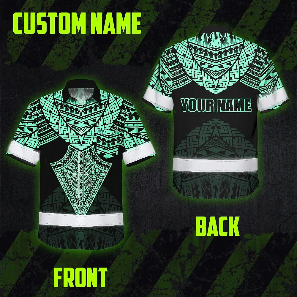 Hi Vis Hawaiian Shirt Reflective Tapes Black Mint Neon Polynesian Tribal Custom Name Safety Workwear For Workers, Truckers, Operators