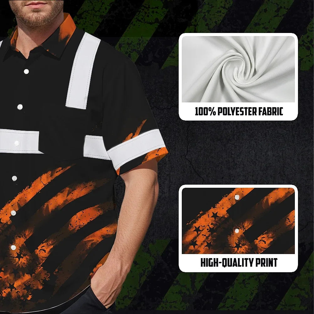 Hi Vis Hawaiian Shirt Reflective Tapes Black Orange Flag Tie Dye Custom Name Safety Workwear For Workers, Runners, Cyclists