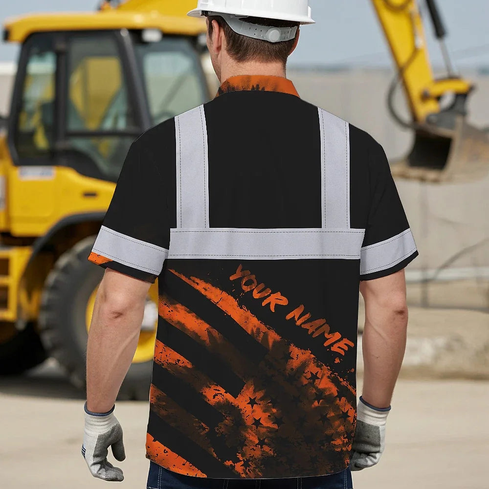 Hi Vis Hawaiian Shirt Reflective Tapes Black Orange Flag Tie Dye Custom Name Safety Workwear For Workers, Runners, Cyclists