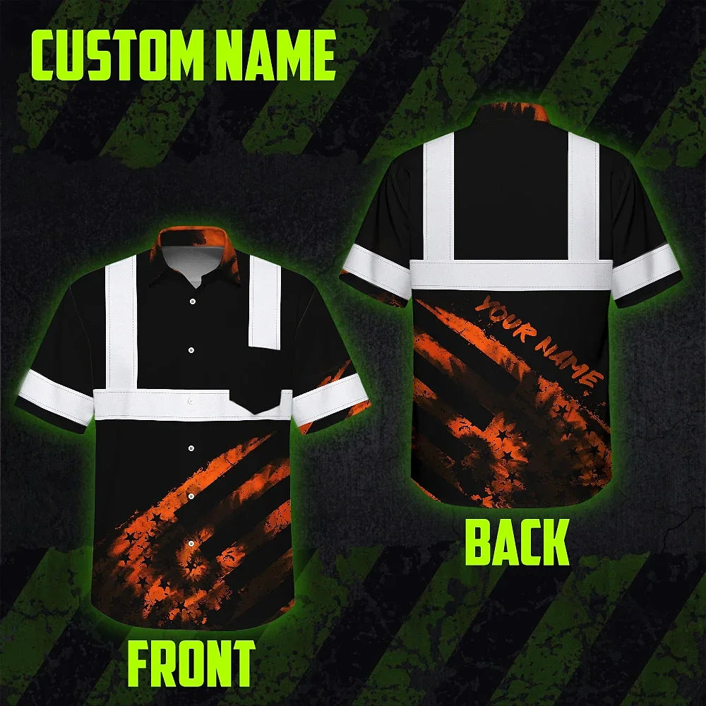 Hi Vis Hawaiian Shirt Reflective Tapes Black Orange Flag Tie Dye Custom Name Safety Workwear For Workers, Runners, Cyclists