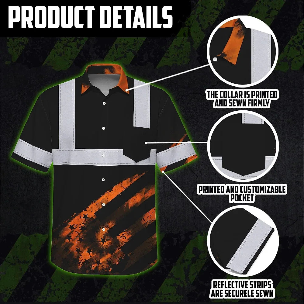 Hi Vis Hawaiian Shirt Reflective Tapes Black Orange Flag Tie Dye Custom Name Safety Workwear For Workers, Runners, Cyclists
