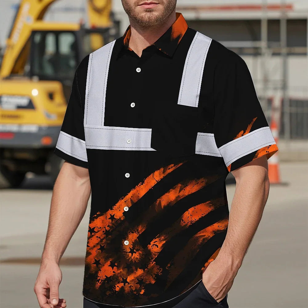 Hi Vis Hawaiian Shirt Reflective Tapes Black Orange Flag Tie Dye Custom Name Safety Workwear For Workers, Runners, Cyclists