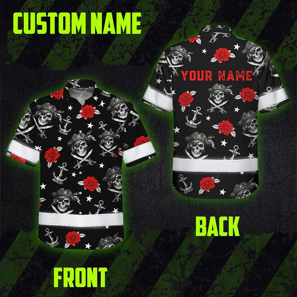 Hi Vis Hawaiian Shirt Reflective Tapes Black Red Flower Skull Boat Custom Name Safety Workwear For Workers, Truckers, Operators