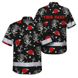 Hi Vis Hawaiian Shirt Reflective Tapes Black Red Flower Skull Boat Custom Name Safety Workwear For Workers, Truckers, Operators