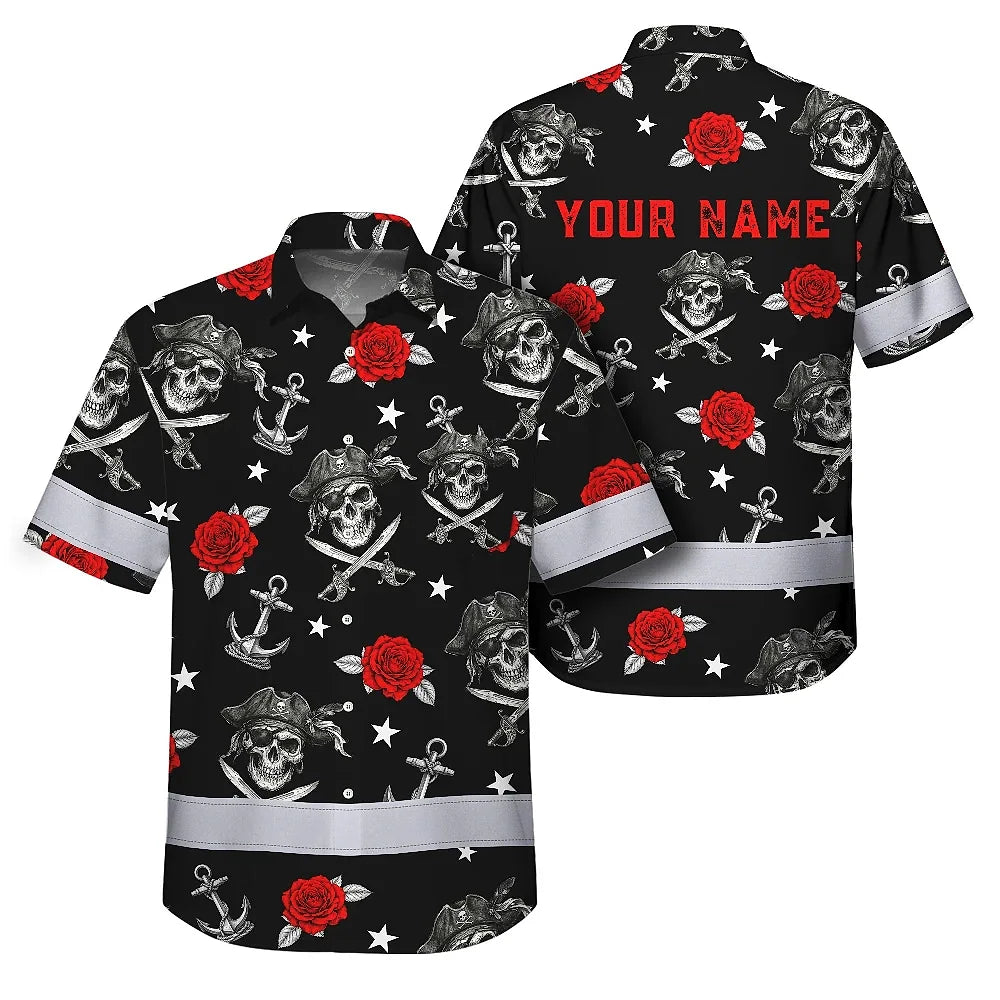 Hi Vis Hawaiian Shirt Reflective Tapes Black Red Flower Skull Boat Custom Name Safety Workwear For Workers, Truckers, Operators