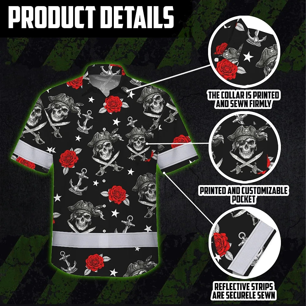 Hi Vis Hawaiian Shirt Reflective Tapes Black Red Flower Skull Boat Custom Name Safety Workwear For Workers, Truckers, Operators