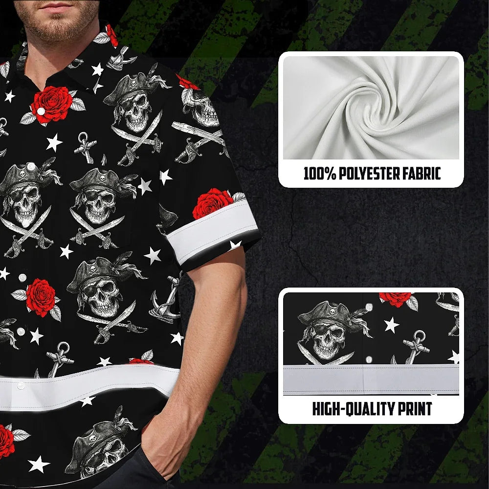 Hi Vis Hawaiian Shirt Reflective Tapes Black Red Flower Skull Boat Custom Name Safety Workwear For Workers, Truckers, Operators