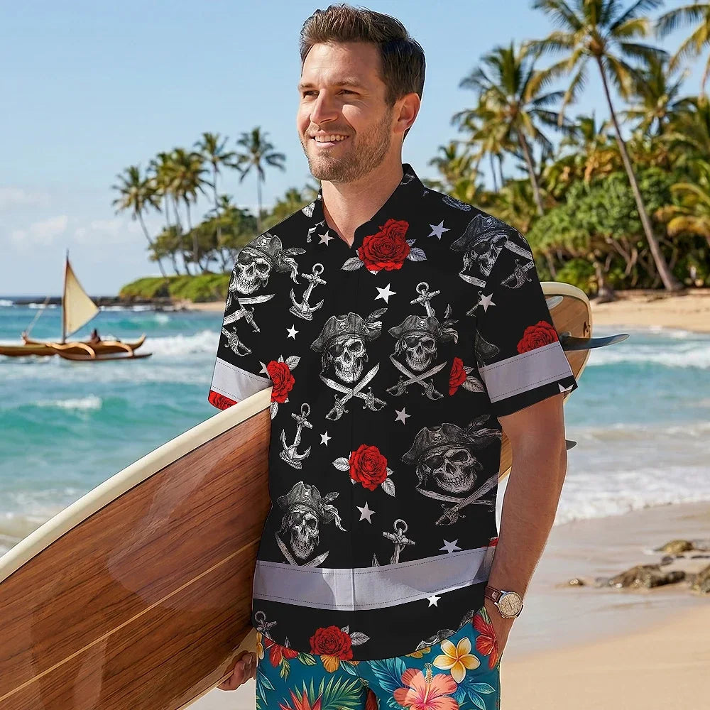 Hi Vis Hawaiian Shirt Reflective Tapes Black Red Flower Skull Boat Custom Name Safety Workwear For Workers, Truckers, Operators