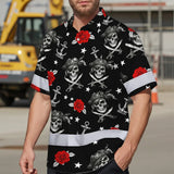 Hi Vis Hawaiian Shirt Reflective Tapes Black Red Flower Skull Boat Custom Name Safety Workwear For Workers, Truckers, Operators