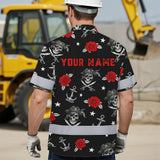 Hi Vis Hawaiian Shirt Reflective Tapes Black Red Flower Skull Boat Custom Name Safety Workwear For Workers, Truckers, Operators