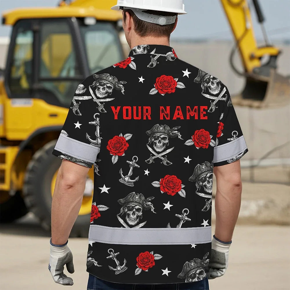 Hi Vis Hawaiian Shirt Reflective Tapes Black Red Flower Skull Boat Custom Name Safety Workwear For Workers, Truckers, Operators