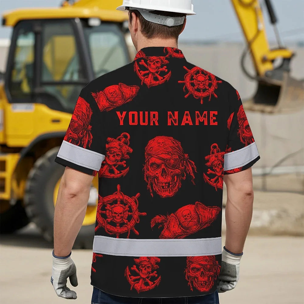 Hi Vis Hawaiian Shirt Reflective Tapes Black Red Skull Boat Custom Name Safety Workwear For Workers, Truckers, Operators