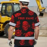 Hi Vis Hawaiian Shirt Reflective Tapes Black Red Skull Boat Custom Name Safety Workwear For Workers, Truckers, Operators