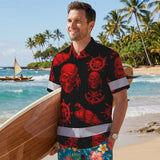 Hi Vis Hawaiian Shirt Reflective Tapes Black Red Skull Boat Custom Name Safety Workwear For Workers, Truckers, Operators
