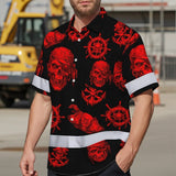 Hi Vis Hawaiian Shirt Reflective Tapes Black Red Skull Boat Custom Name Safety Workwear For Workers, Truckers, Operators