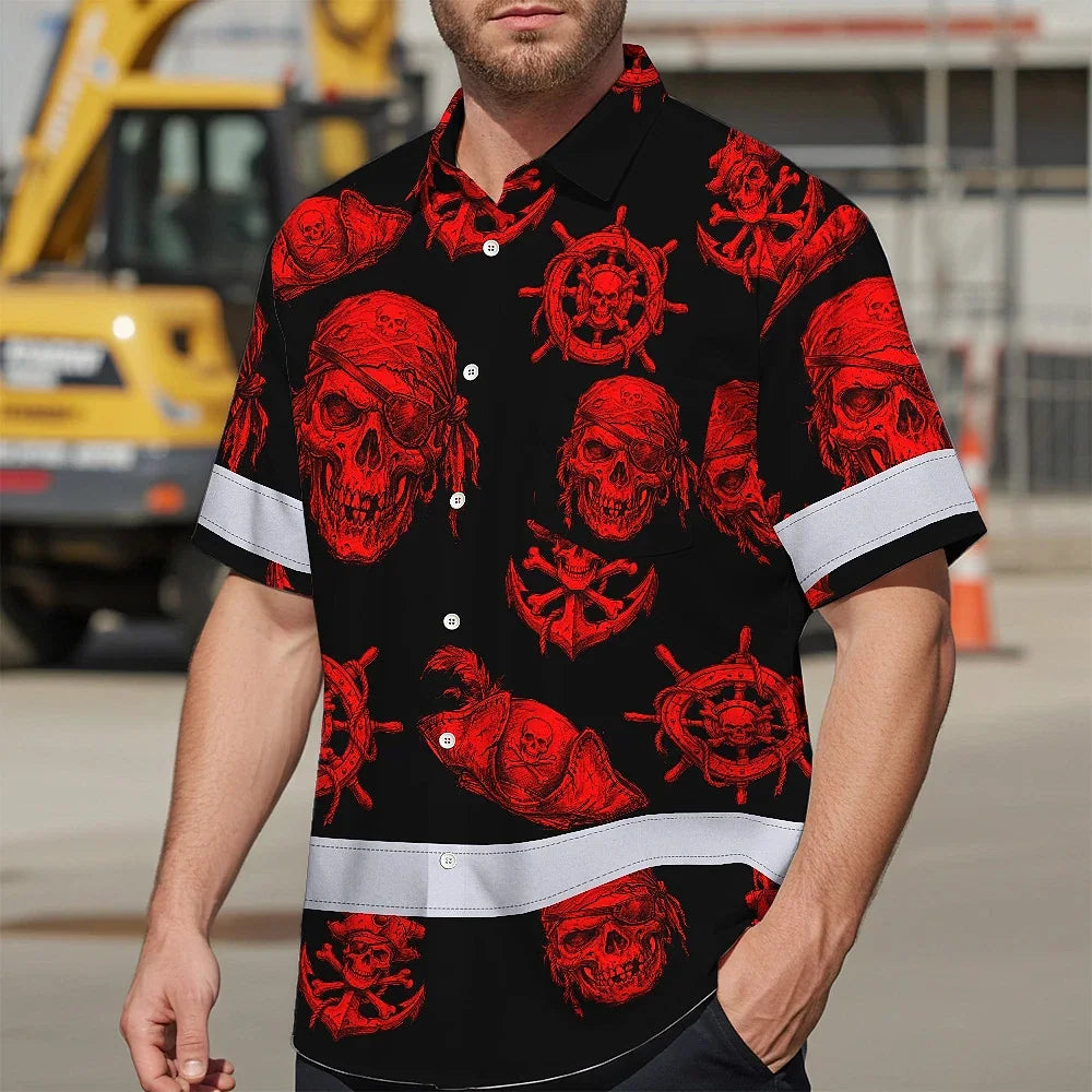 Hi Vis Hawaiian Shirt Reflective Tapes Black Red Skull Boat Custom Name Safety Workwear For Workers, Truckers, Operators