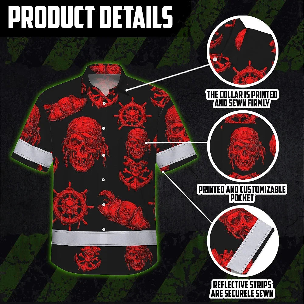 Hi Vis Hawaiian Shirt Reflective Tapes Black Red Skull Boat Custom Name Safety Workwear For Workers, Truckers, Operators