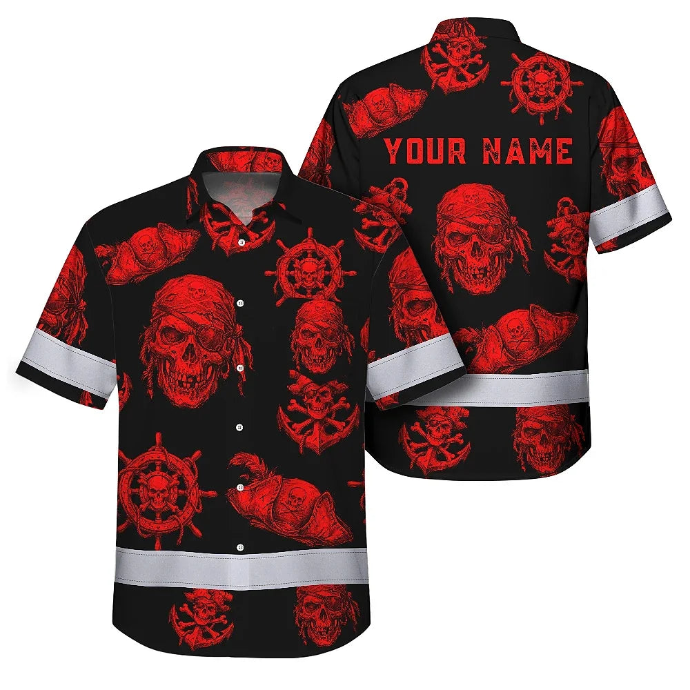 Hi Vis Hawaiian Shirt Reflective Tapes Black Red Skull Boat Custom Name Safety Workwear For Workers, Truckers, Operators